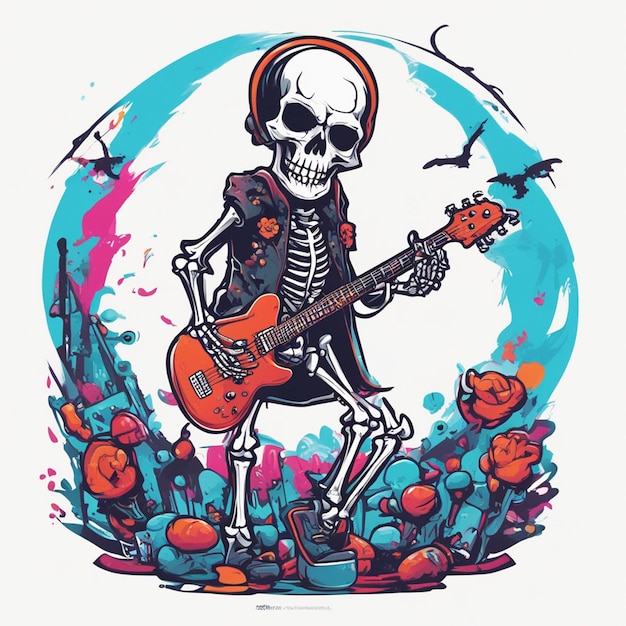 Zdjęcie szkielet w stylu rockowym z widokiem z boku gitary, czystym białym tłem i projektem koszulki