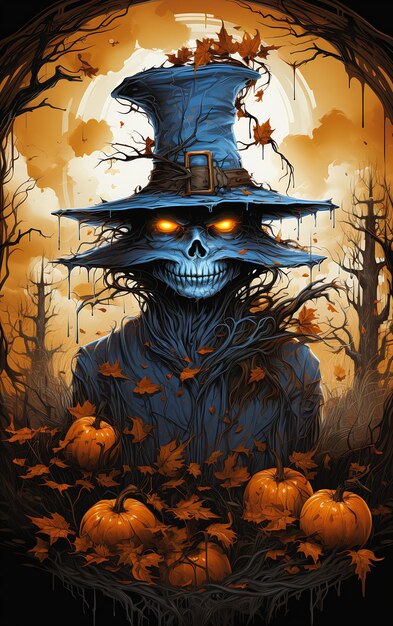 szkielet w tle w kapeluszu czarownic z długą szyjką, stojaki na dynie polowe ciężka metalowa okładka