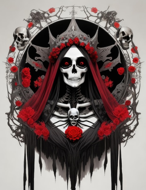 Szkielet z czerwoną koroną i różami na nim.