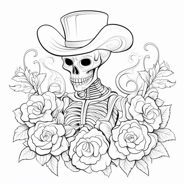 Zdjęcie szkielet z kapeluszem i różami w tle generatywny ai