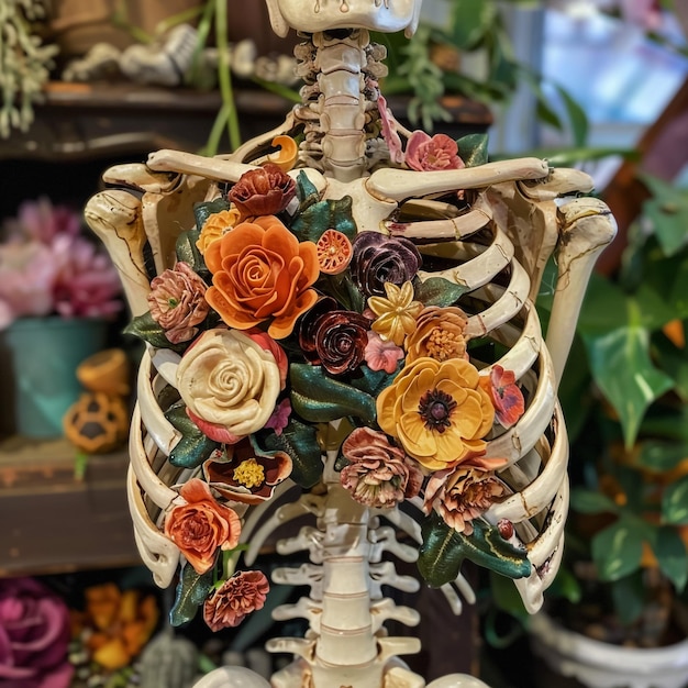 szkielet z kwiatowym wzorem wykonany z kwiatów