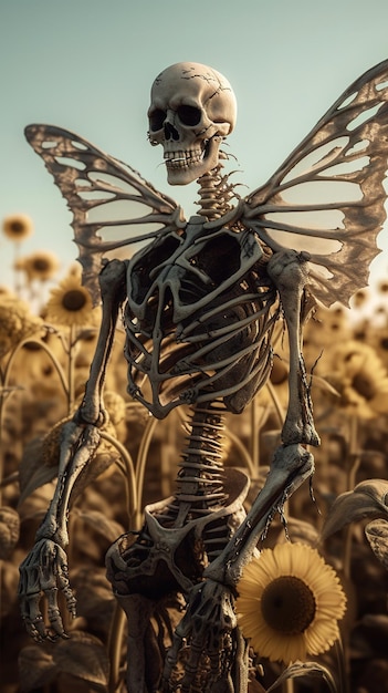 Szkielet z motylem w polu słonecznika Tło koncepcja wakacje Halloween