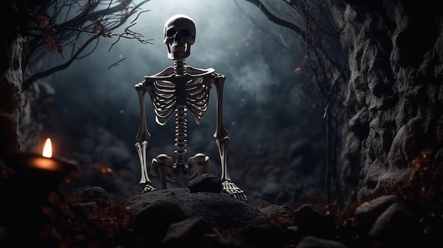 Szkielet złego ducha Halloween Awatar w grobowcu budzi czaszkę Horror upiorne, przerażające tło