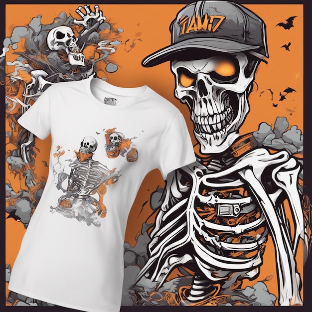 Zdjęcie szkieletowa postać w koszulce z klasycznym motywem hiphopowym na halloween