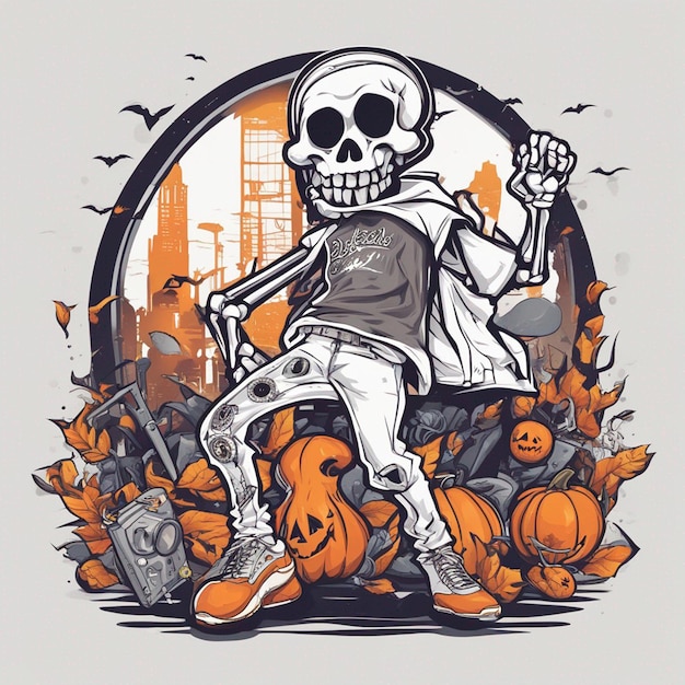 Szkieletowa postać w koszulce z klasycznym motywem hiphopowym na Halloween