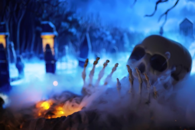 Zdjęcie szkieletowa ręka zombie wyłaniająca się z cmentarza - halloween