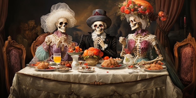 szkielety w stylowym świątecznym stroju siedzące przy stole i świętujące Halloween