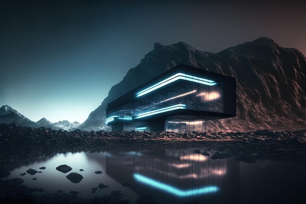 Szklana architektura w górskim krajobrazie Abstrakcja architektoniczna połączona z naturą Wygenerowana sztuczna inteligencja