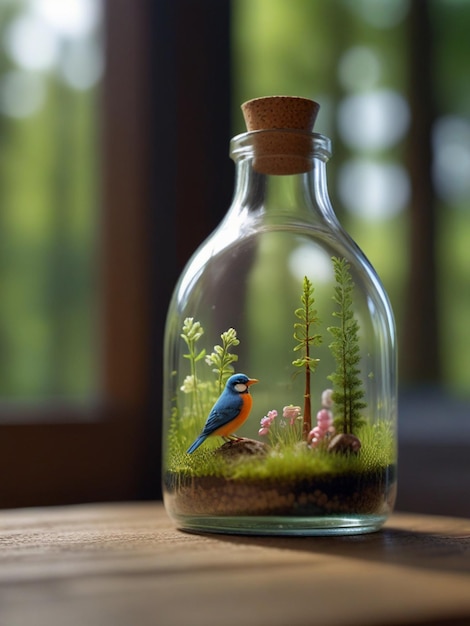 Zdjęcie szklana butelka miniaturowy krajobraz wiosna piękny ptak