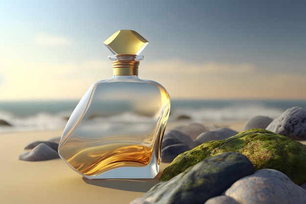 Szklana butelka perfum stojących na tle morza Sztuka generowana przez sieć neuronową
