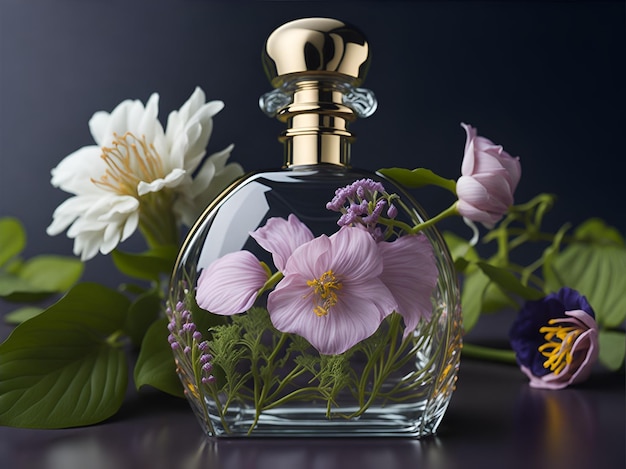 Szklana butelka perfum z dobrą dekoracją kwiatów