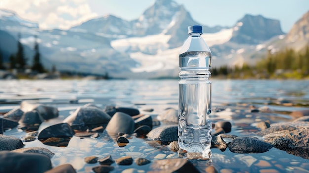 Zdjęcie szklana butelka wypełniona czystą wodą na tle majestatycznego górskiego krajobrazu