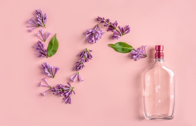 Szklana butelka z perfumami oraz liśćmi i kwiatami bzu na różowym tle