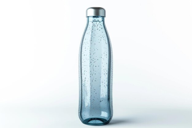 Zdjęcie szklana butelka z wodą sportową z metalowym dachem i kropelami na białym tle
