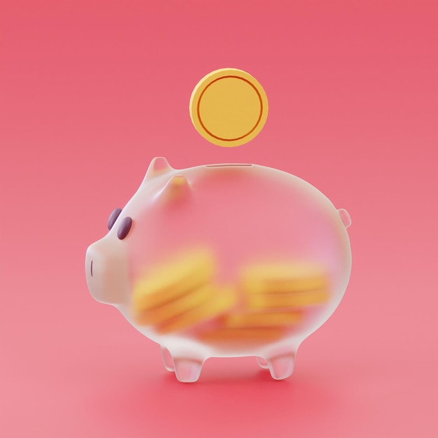 Zdjęcie szklana duża skarbonka z monetą wewnątrz oszczędzania lub oszczędzania pieniędzy lub otwierania koncepcji depozytu bankowego na czerwonym tle renderowanie 3d