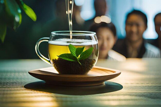 szklana filiżanka herbaty z zieloną rośliną