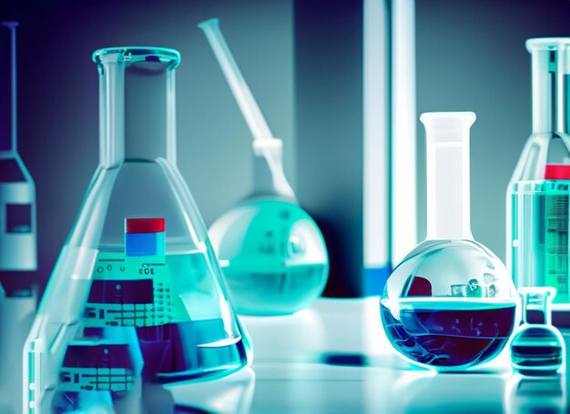 Szklana kolba w niebieskim tle laboratorium badawczego chemia nauka transparent