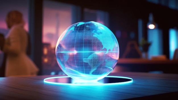 Szklana kula na stole z niebieskim światłem z napisem planeta ziemia.