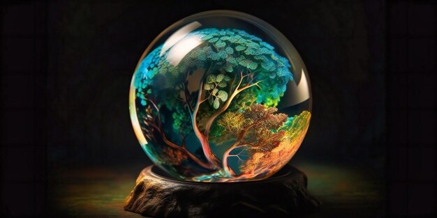 Szklana kula w kształcie ziemi z drzewami i roślinami