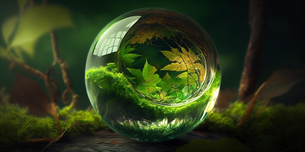 Szklana kula z rośliną w środku Sztuka ekologiczna Fotorealistyczna tapeta 4k przedstawiająca naturę Generacyjna sztuczna inteligencja