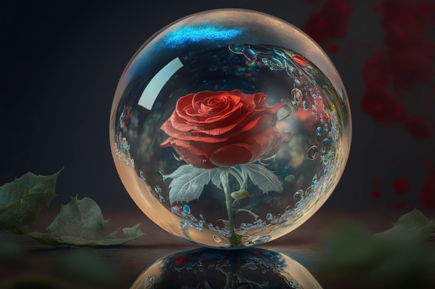 szklana kula z różami w środku i kroplami wody, kreatywna ai