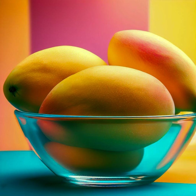Zdjęcie szklana miska mango z kolorowym tłem
