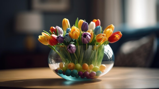 Szklana miska z tulipanami stoi na stole z kolorowym batonikiem w tle
