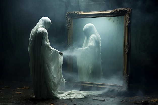 Szklana upiorna postać ghoa stoi przed lustrzanym lustrem grozy