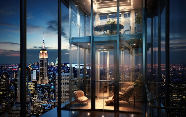 Szklana winda z panoramicznym widokiem na miasto Generacyjna sztuczna inteligencja