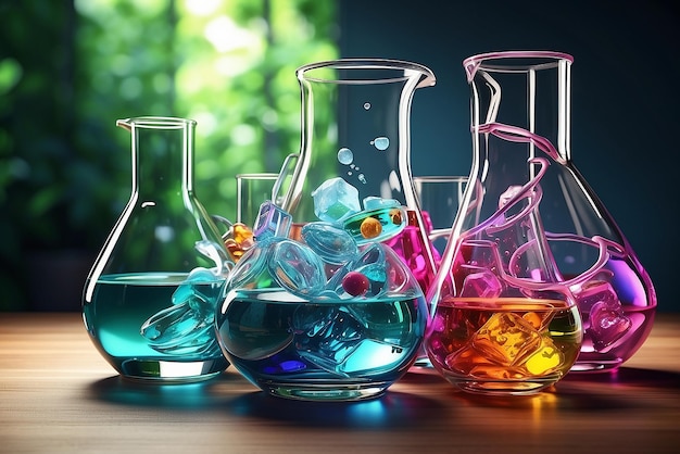 Zdjęcie szklane artykuły laboratoryjne z płynami o różnych kolorach z odbiciem na stole z ścieżką wycinania