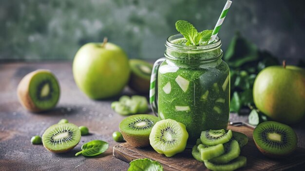 Szklane dzbana z zielonym zdrowiem smoothie liście kapusty cytrynowe jabłko kiwi Ai Generative