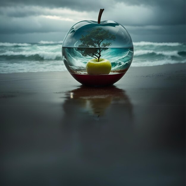 Zdjęcie szklane jabłka stormy fusion subtelnie tańczą z futurystycznym krajobrazem morskim