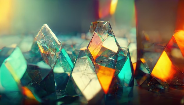 Szklane kryształy i pryzmaty z promieniami widma kolorów Abstrakcyjne tło sztuki optycznej Ilustracja 3D