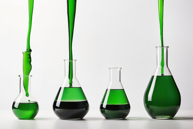 Zdjęcie szklane naczynia laboratoryjne wypełnione zieloną cieczą ułożone na białym tle