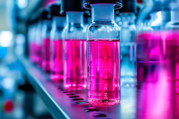 Szklane naczynia laboratoryjne z różowym płynem w laboratorium naukowym z wygenerowaną sztuczną inteligencją