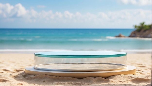 szklane podium do prezentacji produktu na piasku plażowym z niewyraźnym tłem plaży