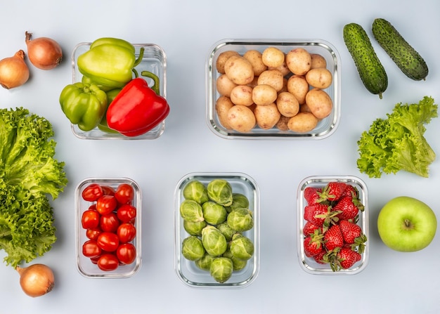 Szklane pudełka ze świeżymi surowymi warzywami Warzywa i owoce w szklanych pojemnikach Koncepcja przechowywania żywności