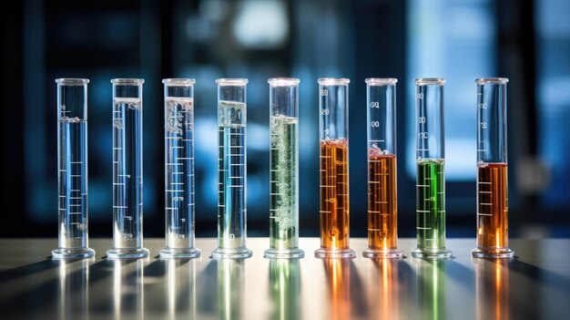 Zdjęcie szklane rurki testowe z płynem w laboratorium chemicznym uosabiające skrupulatną kontrolę jakości w rafinacji ropy naftowej obraz, który sprzedaje esencję przemysłowej dokładności dla doskonałości zapasów