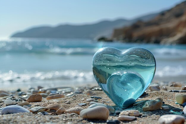 Szklane serce na piaszczystej plaży.