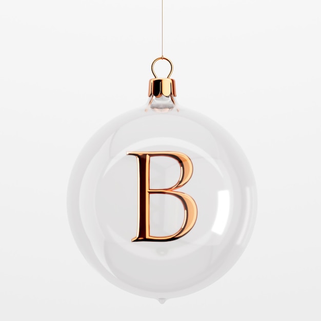Szklane świąteczne bombki wiszące ze złotą literą B Renderowanie 3D