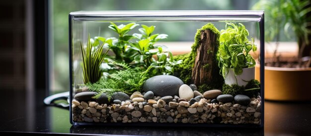 Szklane terrarium z roślinami i kamieniami dekoracyjnymi