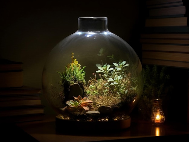 Szklane terrarium z roślinami w środku jest oświetlone świecą.