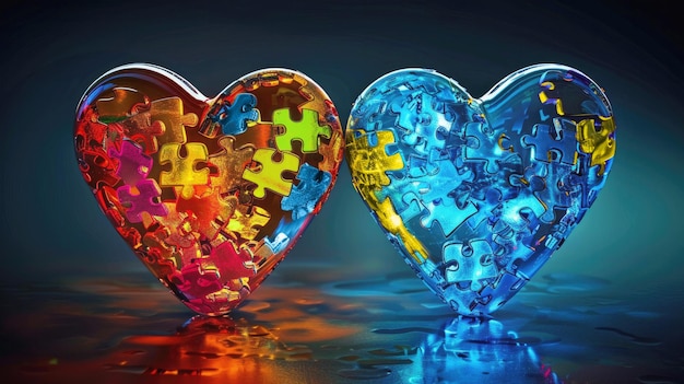 Zdjęcie szklane żółte niebieskie serce jest symbolem zespołu down'a i kolorowe z zagadek symbolizujących autyzm