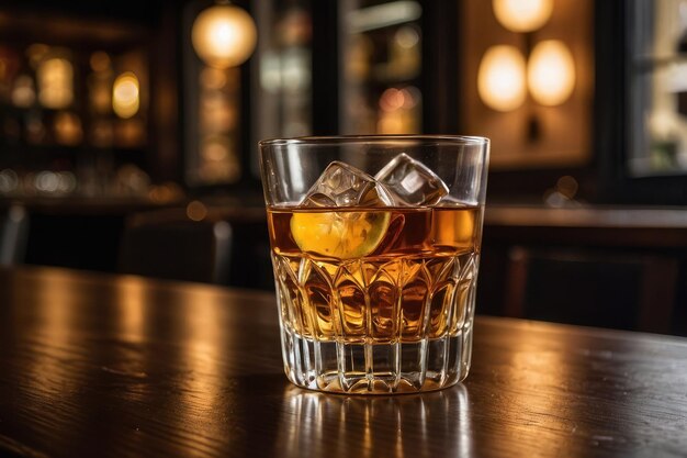 Szklanka alkoholu z amaretto na drewnianym stole