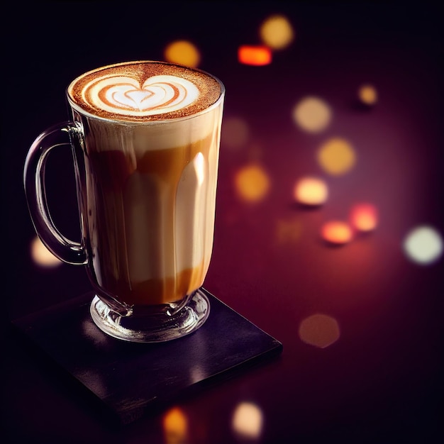 Szklanka Apetycznej Pikantnej Latte Na świątecznym Rozmytym Tle Z Efektami świetlnymi Bokeh Ilustracja 3d Renderowania Ai