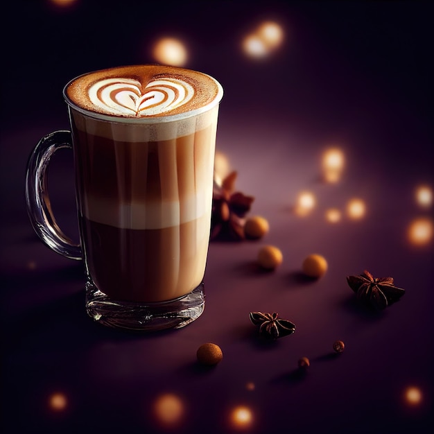 Szklanka apetycznej pikantnej latte na świątecznym rozmytym tle z efektami świetlnymi bokeh ilustracja 3D renderowania Ai