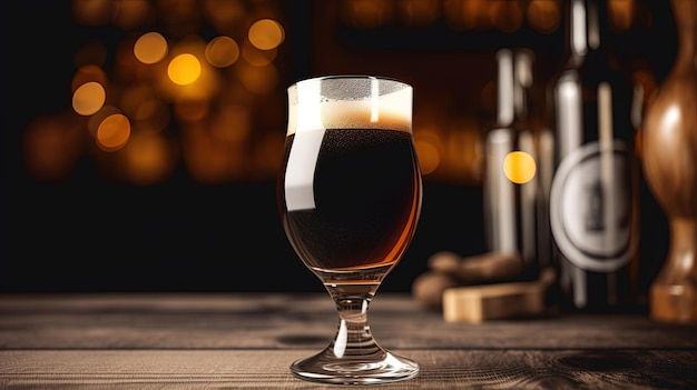 Szklanka ciemnego piwa na drewnianym stole z barem na tle Prezentacja piwa