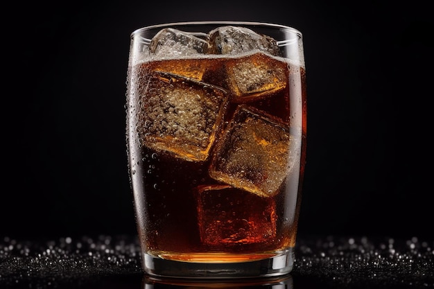 Zdjęcie szklanka czarnego napoju gazowanego i kostki lodu odizolowane na czarnym tle