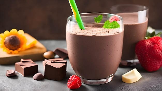 Szklanka czekoladowego koktajlu mlecznego obok tabliczki czekolady z zieloną słomką.