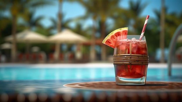 Szklanka czerwonego koktajlu ze słomkami i napój przed basenem.